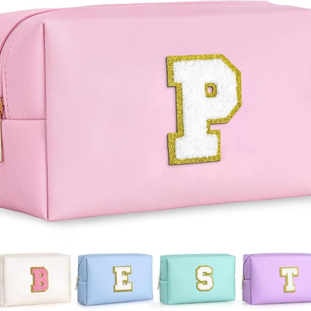 Preppy Pink Glitter Chenille Patch Travel Makeup Bag, 8.3in x 3.5in x 4.9in